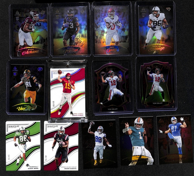 Lot of (24) Football Autograph, Numbered Cards, and Jersey Cards inc. 2023 Legacy Jerry Rice Autograph (#/3), 2022 Mosaic Draft Picks Sam Howell Rookie Pink (#/25), +
