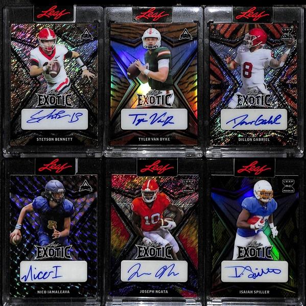 Lot of (12) 2022 Leaf Exotic Football Rookie Autographs inc. Stetson Bennett (#/5), Tyler Van Dyke (#/10), Dillon Gabriel (#/3),+