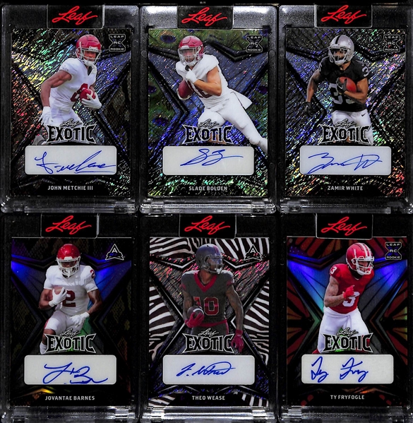 Lot of (12) 2022 Leaf Exotic Football Rookie Autographs inc. Stetson Bennett (#/5), Tyler Van Dyke (#/10), Dillon Gabriel (#/3),+