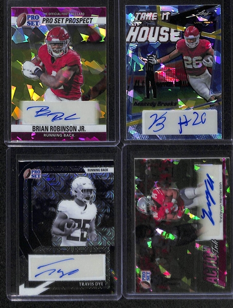 Lot of (14) Leaf Football Rookie Running Back Autograph Cards inc. Pro Set Metal Kenneth Walker (#/10), Valiant Brian Robinson Jr (#/25), Pro Set Metal Brian Robinson Jr (#/15), +