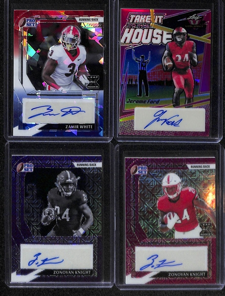 Lot of (14) Leaf Football Rookie Running Back Autograph Cards inc. Pro Set Metal Kenneth Walker (#/10), Valiant Brian Robinson Jr (#/25), Pro Set Metal Brian Robinson Jr (#/15), +