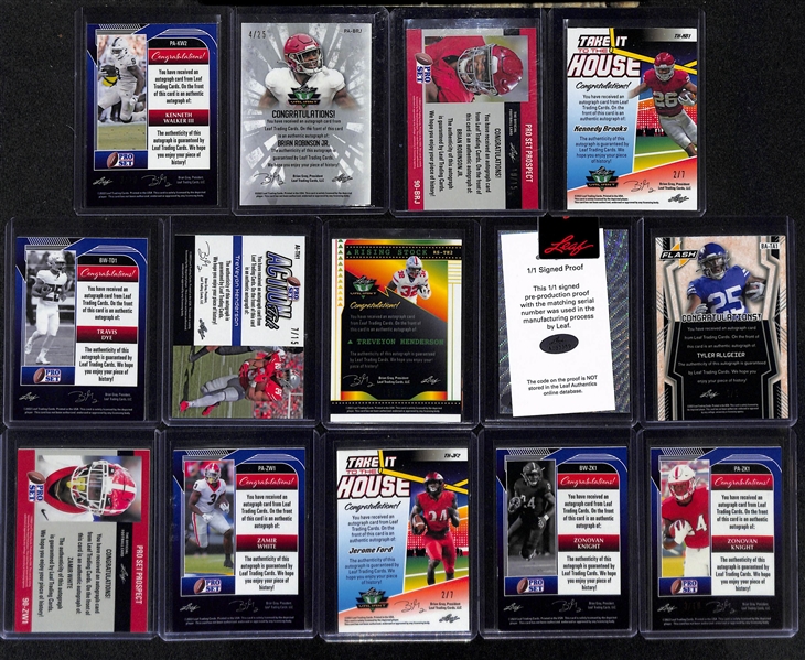 Lot of (14) Leaf Football Rookie Running Back Autograph Cards inc. Pro Set Metal Kenneth Walker (#/10), Valiant Brian Robinson Jr (#/25), Pro Set Metal Brian Robinson Jr (#/15), +