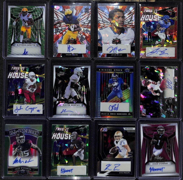 Lot of (26) Leaf Football Offense Rookie Autograph Cards inc. Valiant Garrett Wilson (#/25), Pro Set Metal Josh Downs (#/30), Valiant Dillon Gabriel (#/20), +