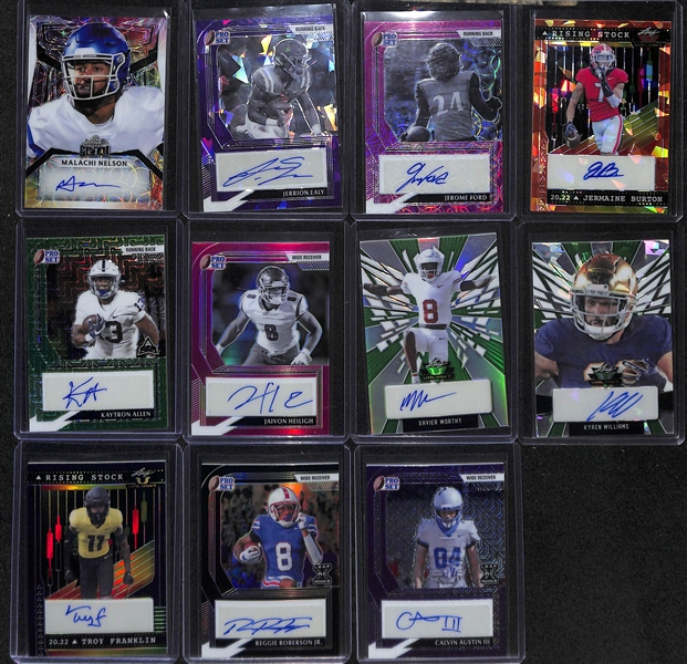 Lot of (26) Leaf Football Offense Rookie Autograph Cards inc. Valiant Garrett Wilson (#/25), Pro Set Metal Josh Downs (#/30), Valiant Dillon Gabriel (#/20), +