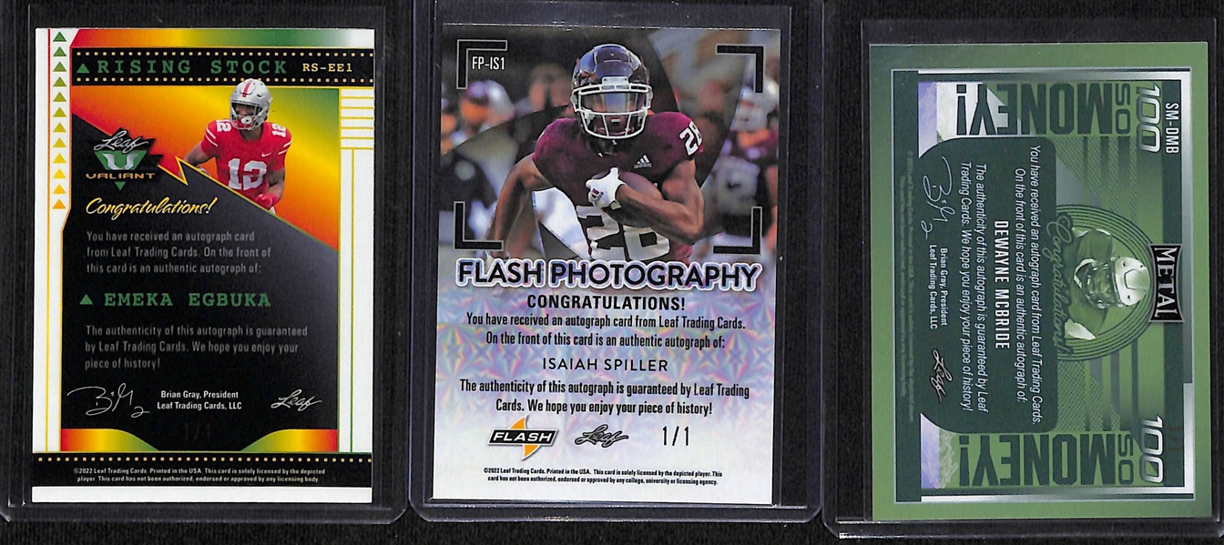 Lot of (18) Leaf Football Rookie Autograph Cards inc. Valiant Emeka Egbuka (#/1), Flash Isaiah Spiller (#/1), Metal Dewayne McBride (#/1), + 