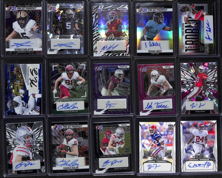 Lot of (18) Leaf Football Rookie Autograph Cards inc. Valiant Emeka Egbuka (#/1), Flash Isaiah Spiller (#/1), Metal Dewayne McBride (#/1), + 