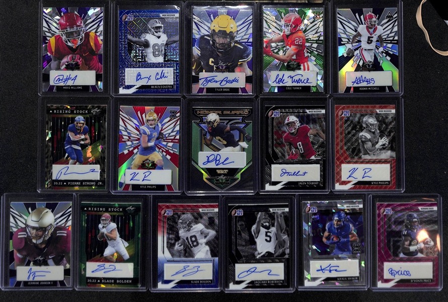 Lot of (19) Leaf Football Rookie Autograph Cards inc. Pro Set Metal Josh Downs (#/30), Valiant Treylon Burks (#/4), Pro Set Metal Mario Williams (#/15), +