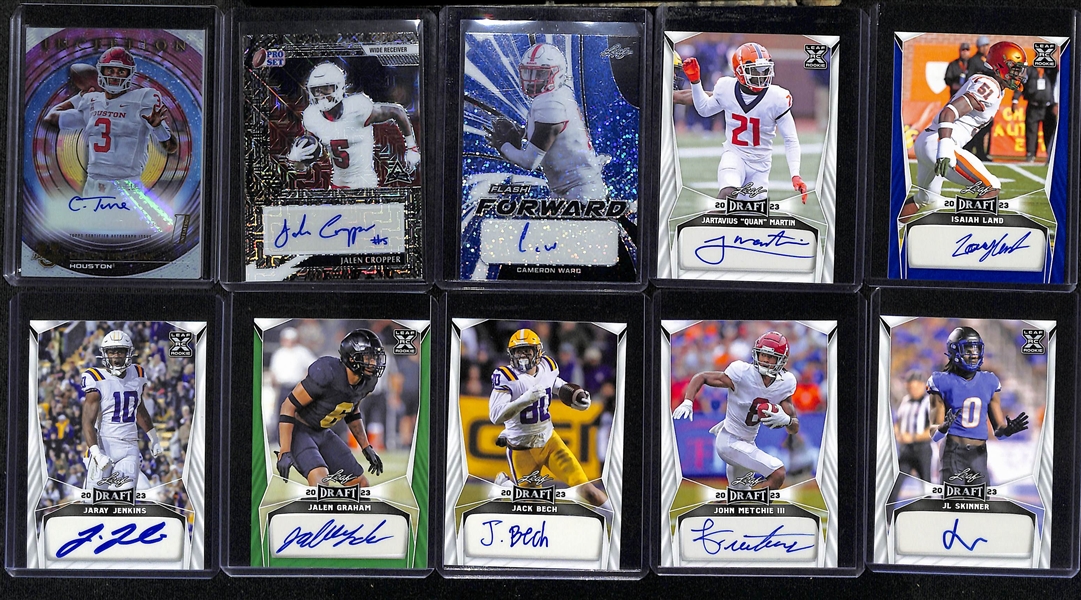 Lot of (22) Leaf Football Rookie Autograph Cards inc. Metal Ty Simpson (#/7), Valiant Quinn Ewers (#/20), Valiant Aidan O'Connell (#/10), +