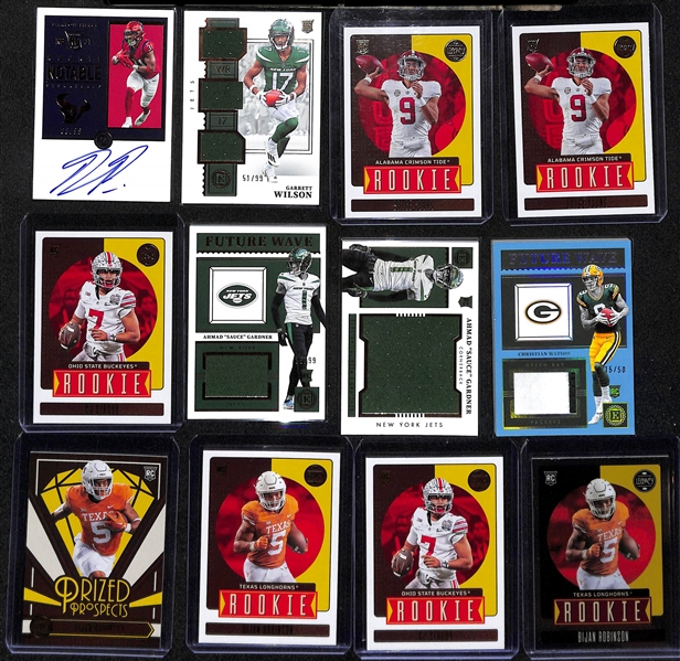 Lot of (50+) Football Rookie Cards inc Encased Dameon Pierce Autograph (#/99), Encased Garrett Wilson Triple Jersey (#/99), Bryce Young, CJ Stroud, +