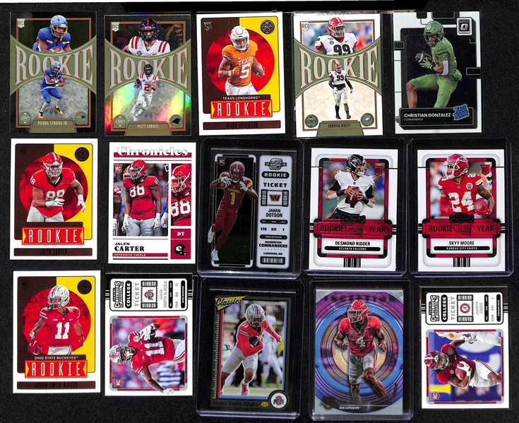 Lot of (50+) Football Rookie Cards inc Encased Dameon Pierce Autograph (#/99), Encased Garrett Wilson Triple Jersey (#/99), Bryce Young, CJ Stroud, +