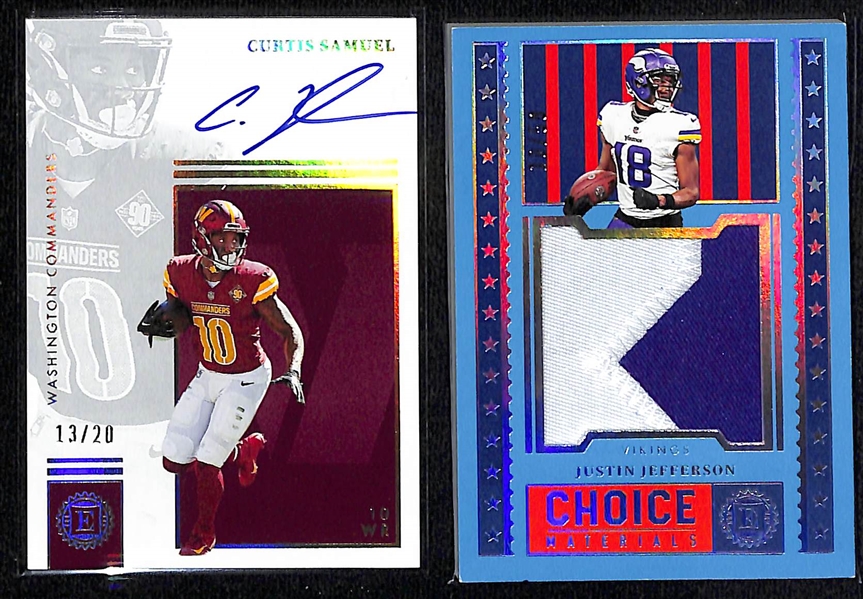 Lot of (5) 2022 Panini Encased Football Cards inc. Garrett Wilson Autograph Rookie (#/99), Curtis Samuel Autograph (#/20), Justin Jefferson Patch (#/50), +