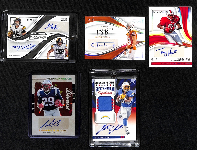 Lot of (5) Veteren Football Autograph Cards inc. Immaculate George Kittle/TJ Hockenson Dual (#/25),Immaculate Justin Tucker (#/99), Immaculate Torry Holt (#/10), +