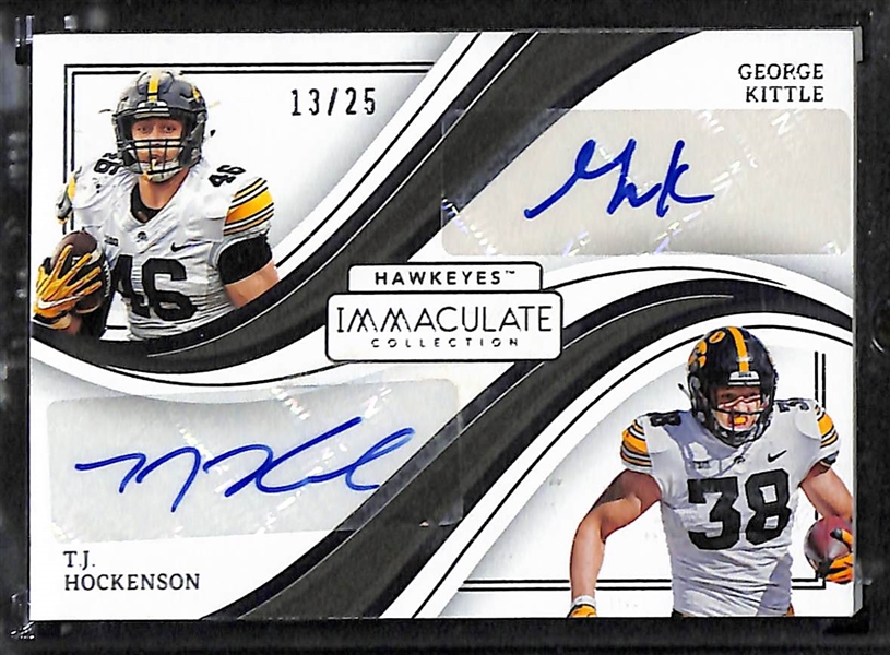 Lot of (5) Veteren Football Autograph Cards inc. Immaculate George Kittle/TJ Hockenson Dual (#/25),Immaculate Justin Tucker (#/99), Immaculate Torry Holt (#/10), +