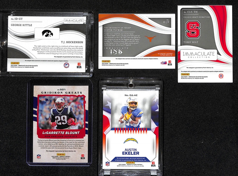 Lot of (5) Veteren Football Autograph Cards inc. Immaculate George Kittle/TJ Hockenson Dual (#/25),Immaculate Justin Tucker (#/99), Immaculate Torry Holt (#/10), +