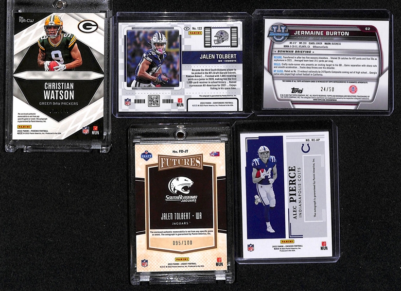 Lot of (29) Football Autograph Rookie Cards inc. Phoenix Christian Watson Patch (#/149), Contenders Jalen Tolbert Cracked Ice (#/23), +