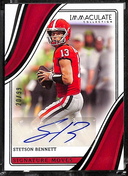 Lot of (5) 2023 Immaculate Collegiate Rookie Autographs inc. Stetson Bennett (#/99), AT Perry Bowl Logo Patch (#/10), Jake Haener Patch (#/99), +