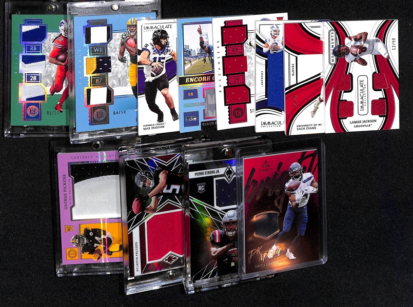 Lot of (12) Football Jersey Patch Cards inc. 2022 Encased James Cook Rookie (#/10), 2022 Encased Romeo Doubs Rookie (#/50), 2023 Immaculate Max Duggan Rookie (#/24)