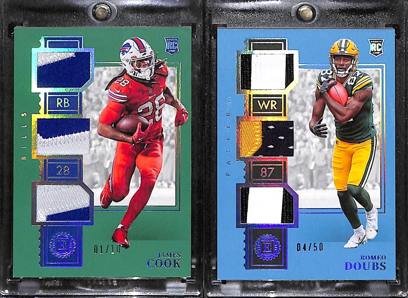 Lot of (12) Football Jersey Patch Cards inc. 2022 Encased James Cook Rookie (#/10), 2022 Encased Romeo Doubs Rookie (#/50), 2023 Immaculate Max Duggan Rookie (#/24)