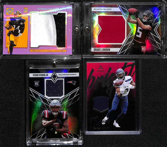 Lot of (12) Football Jersey Patch Cards inc. 2022 Encased James Cook Rookie (#/10), 2022 Encased Romeo Doubs Rookie (#/50), 2023 Immaculate Max Duggan Rookie (#/24)