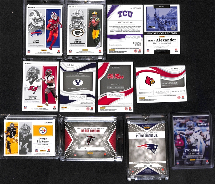 Lot of (12) Football Jersey Patch Cards inc. 2022 Encased James Cook Rookie (#/10), 2022 Encased Romeo Doubs Rookie (#/50), 2023 Immaculate Max Duggan Rookie (#/24)