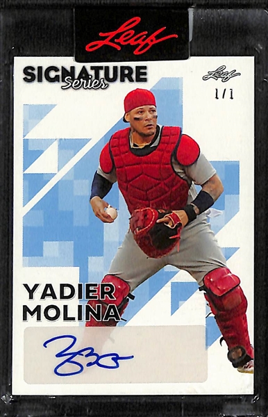 Lot of (4) 2023 Leaf Signature Series 1/1 Baseball Autograph Cards- Yadier Molina, Brooks Lee Rookie, Spencer Strider, Wander Franco 