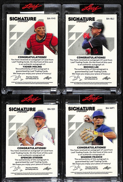 Lot of (4) 2023 Leaf Signature Series 1/1 Baseball Autograph Cards- Yadier Molina, Brooks Lee Rookie, Spencer Strider, Wander Franco 