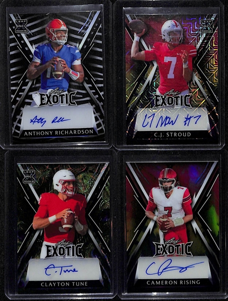 Lot of (4) 2023 Leaf Exotic Rookie Quarterback Autograph Cards- Anthony Richardson (#13), CJ Stroud (#/7), Clayton Tune (#/6), Cameron Rising (#/9)