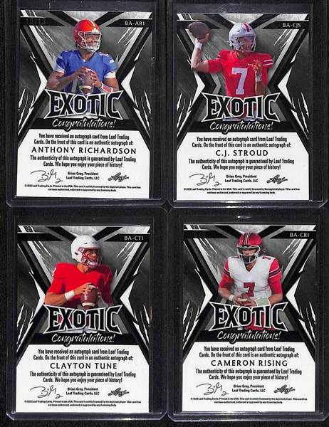 Lot of (4) 2023 Leaf Exotic Rookie Quarterback Autograph Cards- Anthony Richardson (#13), CJ Stroud (#/7), Clayton Tune (#/6), Cameron Rising (#/9)