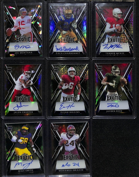 Lot of (8) 2023 Leaf Exotic Football Autograph Cards inc. Joe Montana (#/4), Zach Charbonnet Rookie (#/2), Tanner Mckee Rookie (#/7), +