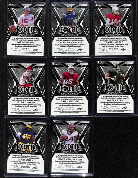 Lot of (8) 2023 Leaf Exotic Football Autograph Cards inc. Joe Montana (#/4), Zach Charbonnet Rookie (#/2), Tanner Mckee Rookie (#/7), +