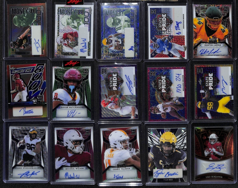 Lot of (19) Mostly Leaf Metal Football Rookie Autograph Cards inc. Puka Nacua (#/5), Johnny Manziel (#/5), Jalen Milroe (#/1), Marvin Mims Jr (#/2), +