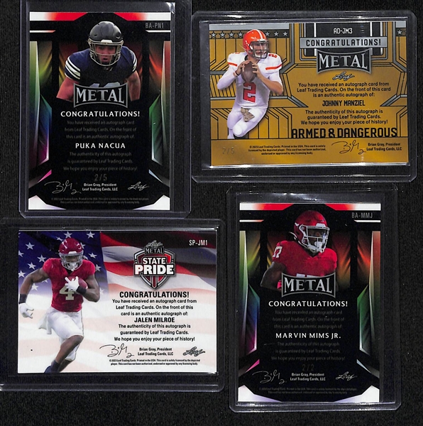 Lot of (19) Mostly Leaf Metal Football Rookie Autograph Cards inc. Puka Nacua (#/5), Johnny Manziel (#/5), Jalen Milroe (#/1), Marvin Mims Jr (#/2), +