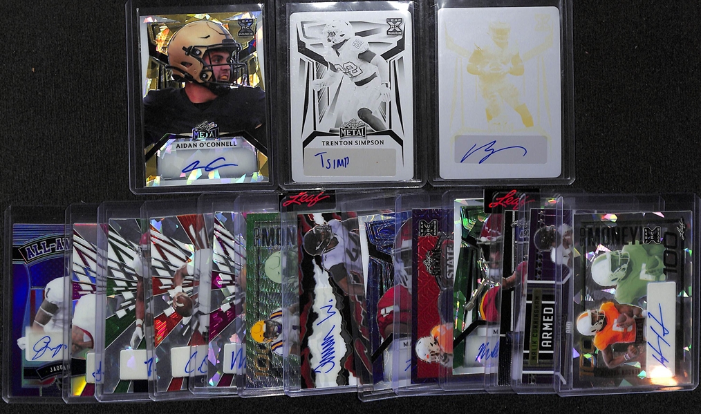 Lot of (16) Leaf Football Rookie Autograph Cards inc. Metal Bijan Robinson (#/1), Metal Trenton Simpson (#/1), Metal Aidan O'Connell (#/1), +