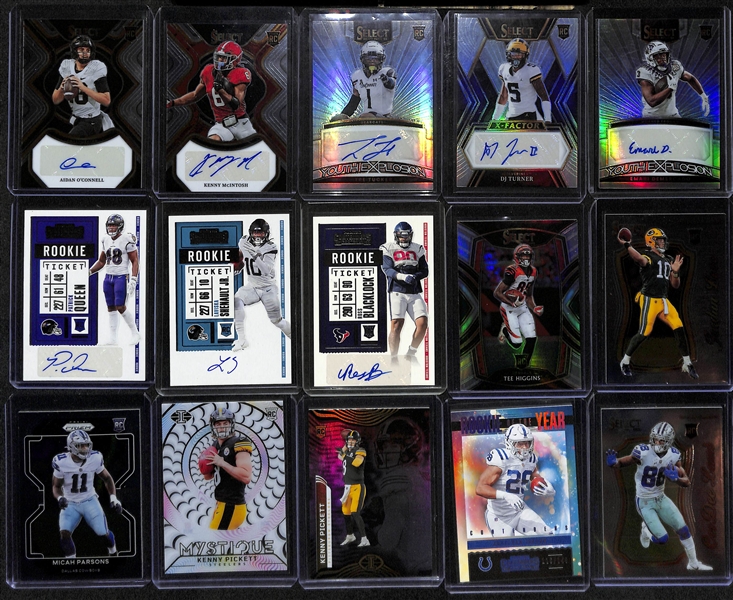 Lot of (Over 90) Football Cards w/ (10) Autographs inc. 2023 Select Draft Rashee Rice Rookie, Contenders Marlon Davidson Ticket Stub Rookie (#/90), +