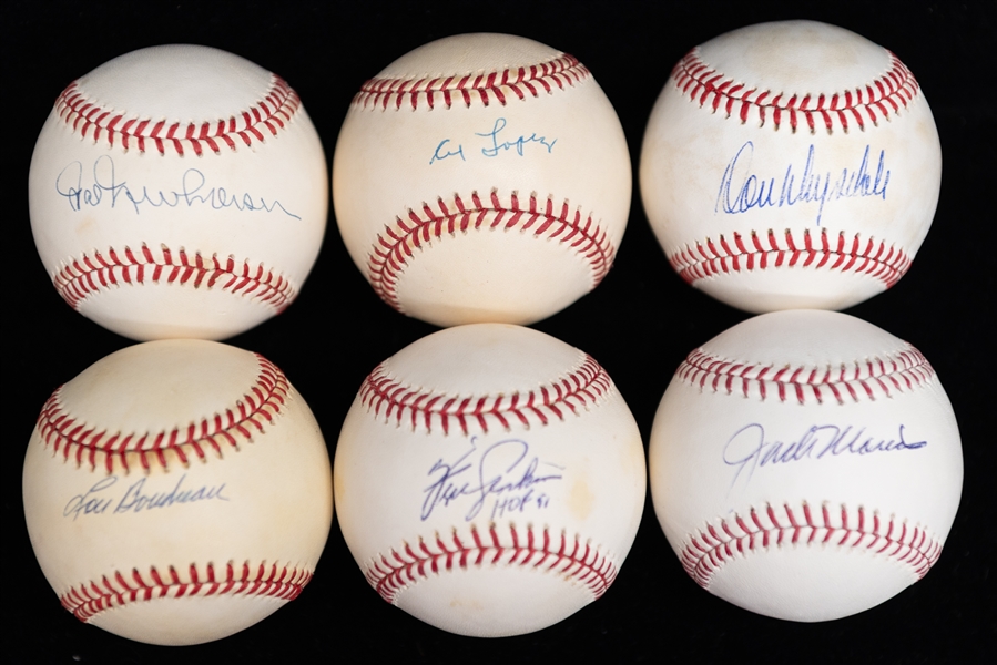 Lot of (6) Hall of Famer Single Signed Baseballs w. Drysdale/Lopez/Boudreau/Newhouser/Jenkins (JSA)/Morris (JSA Auction Letter)