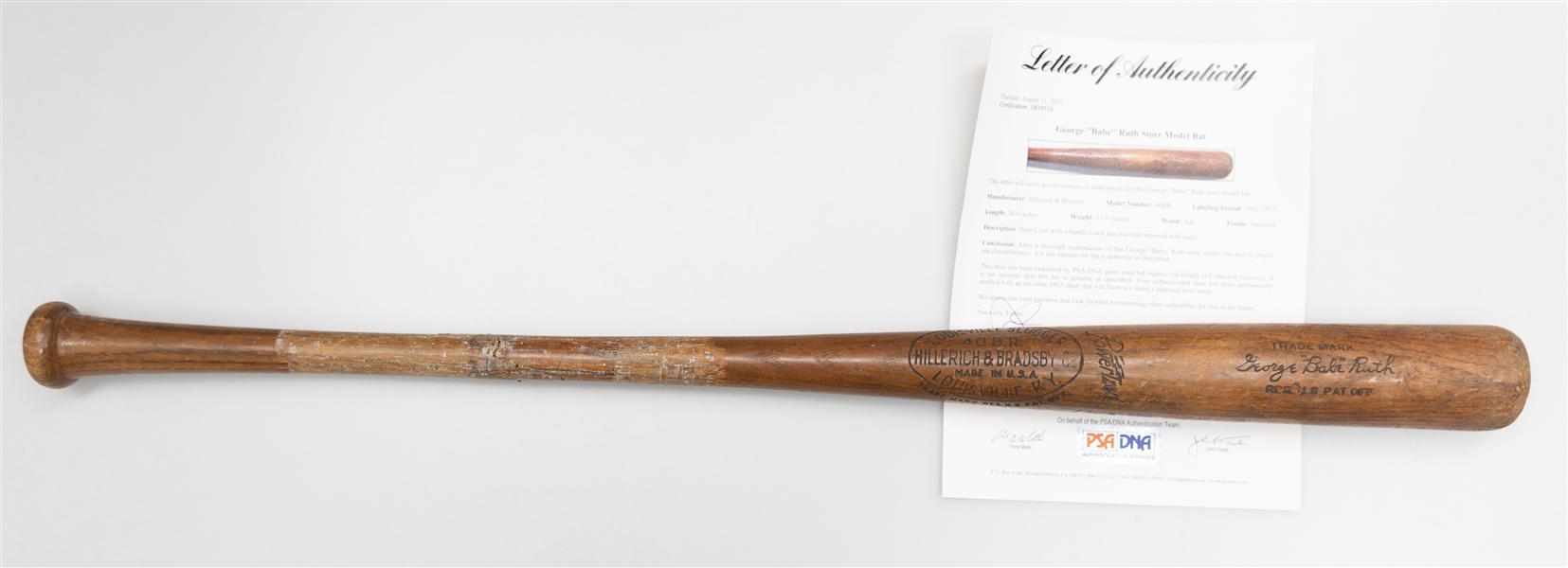 1932-1933 Babe Ruth Hillerich & Bradsby 34 Store Model Baseball Bat (PSA/DNA Letter of Authenticity) - Split/Repaired Handle