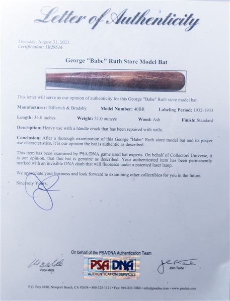 1932-1933 Babe Ruth Hillerich & Bradsby 34 Store Model Baseball Bat (PSA/DNA Letter of Authenticity) - Split/Repaired Handle