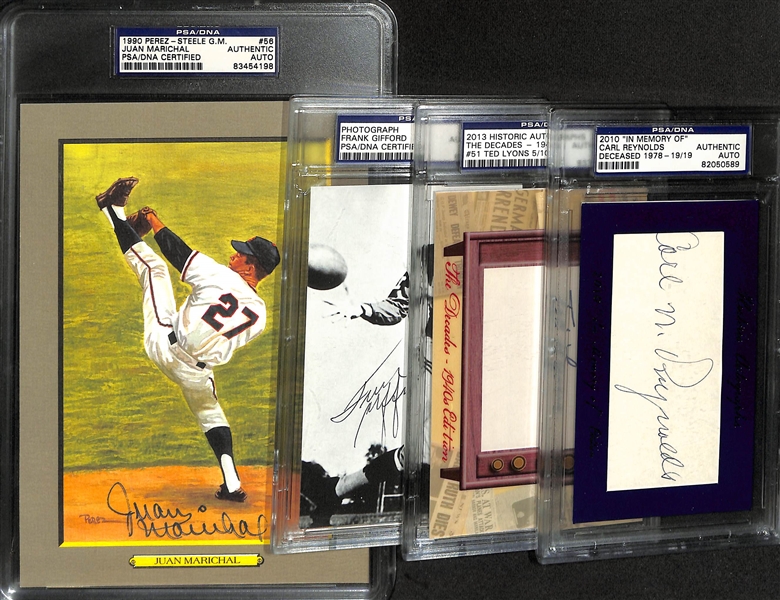 Autograph Lot w. Juan Marichal 1990 Perez-Steele Cabinet Card, Frank Gifford Photo, & Ted Lyons and Carl Reynolds Index Cards (All PSA/DNA Certified)