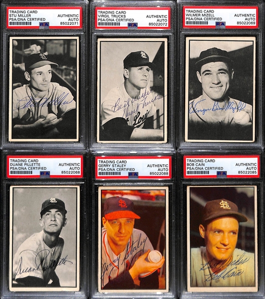 (6) 1953 Bowman Signed Cards w. Stu Miller, Virgil Trucks, Wilmer Mizell, Duane Pillette, Gerry Staley, Bob Cain (PSA/DNA Slabbed)