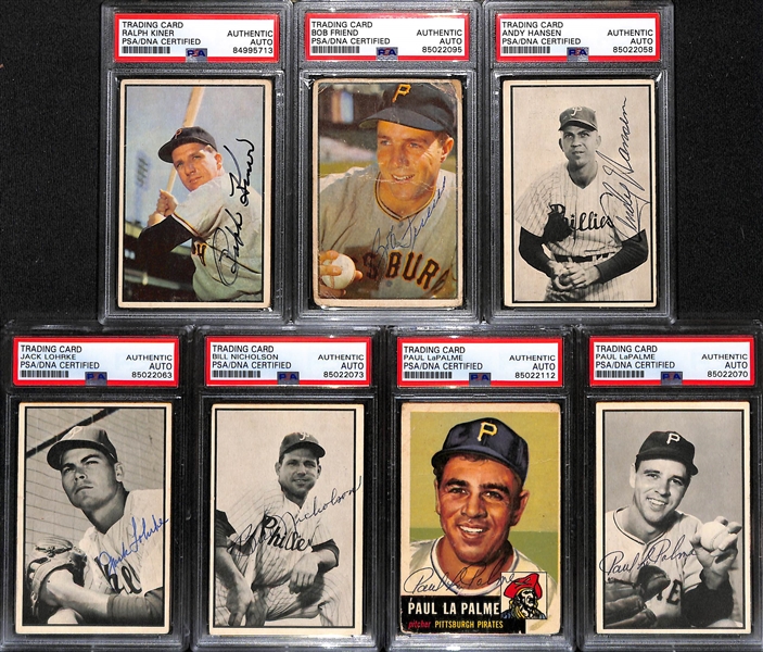 (7) Signed 1953 Baseball Cards (Ralph Kiner, Bob Friend, Andy Hansen, Jack Lohrke, Bill Nicholson, (2) Paul LaPalme (Topps & Bowman)