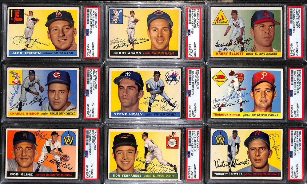 (9) 1955 Topps Signed Cards - Jack Jensen, Bobby Adams, Harry Elliott, Charlie Bishop, Steve Kraly, Thornton Kipper, Bob Kline, Don Ferrarese, Bunky Stewart (PSA/DNA Authenticated)