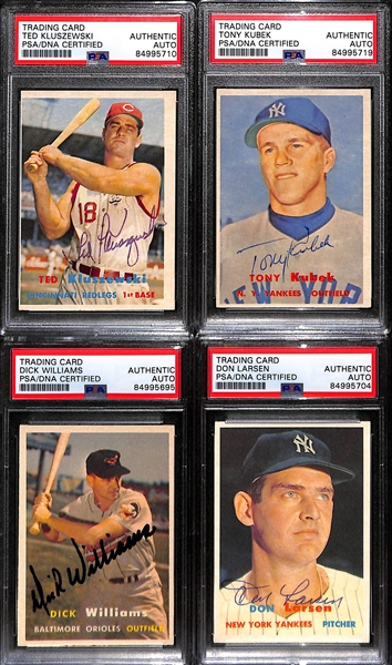 (4) 1957 Topps Signed Cards (Ted Kluszewski, Tony Kubek, Dick Williams, Don Larsen) - PSA/DNA Slabbed