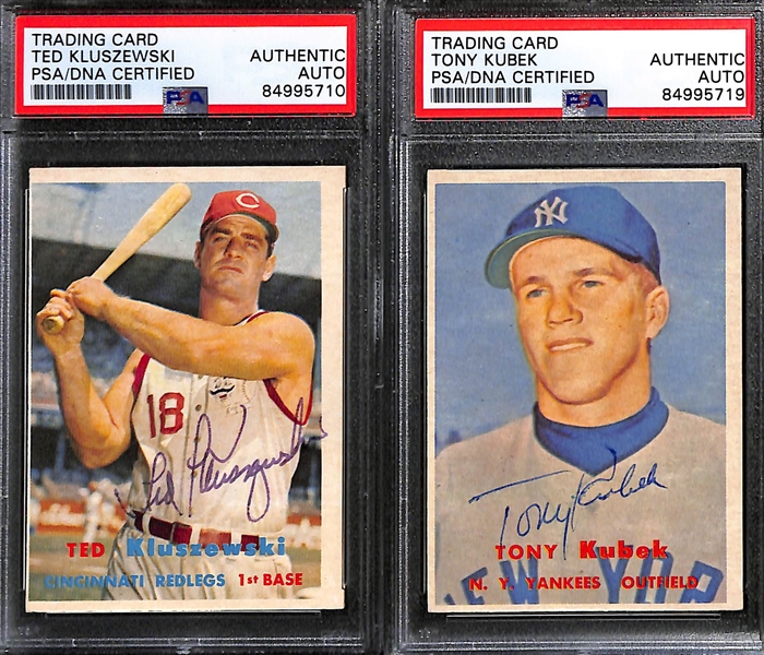 (4) 1957 Topps Signed Cards (Ted Kluszewski, Tony Kubek, Dick Williams, Don Larsen) - PSA/DNA Slabbed