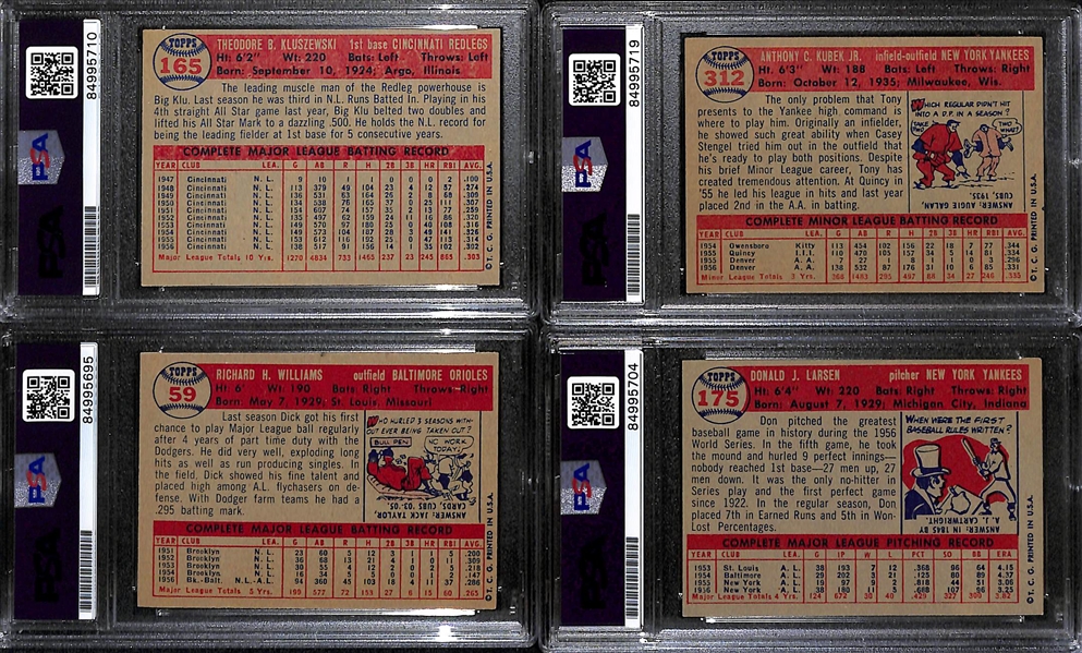 (4) 1957 Topps Signed Cards (Ted Kluszewski, Tony Kubek, Dick Williams, Don Larsen) - PSA/DNA Slabbed