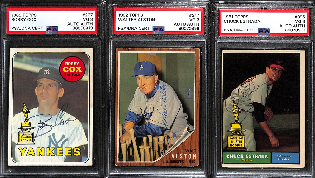 (3) Signed Topps Baseball Cards - 1969 Bobby Cox Rookie, 1962 Walter Alston, 1961 Chuck Estrada (All Cards Graded 3, Autographs Graded Authentic)