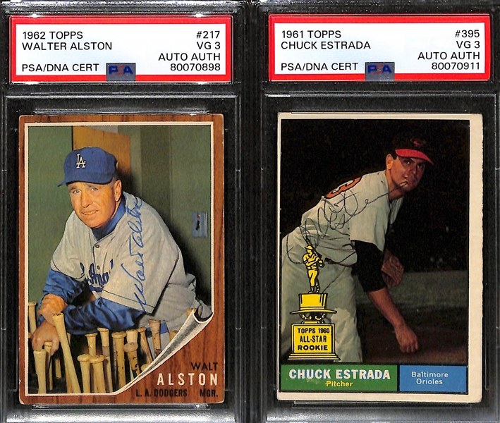 (3) Signed Topps Baseball Cards - 1969 Bobby Cox Rookie, 1962 Walter Alston, 1961 Chuck Estrada (All Cards Graded 3, Autographs Graded Authentic)