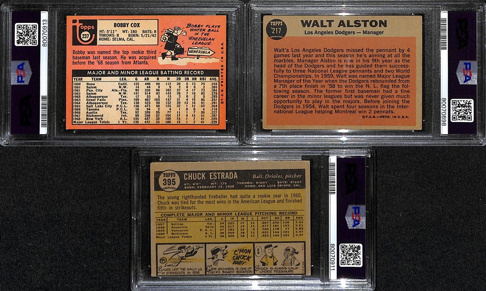 (3) Signed Topps Baseball Cards - 1969 Bobby Cox Rookie, 1962 Walter Alston, 1961 Chuck Estrada (All Cards Graded 3, Autographs Graded Authentic)