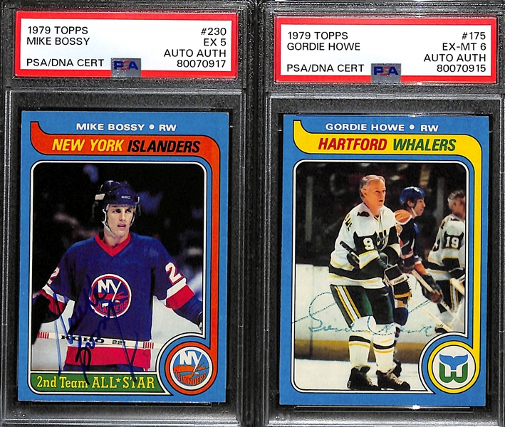 (2) Signed 1979 Topps Hockey Cards (PSA/DNA) - Mike Bossy (PSA 5) & Gordie Howe  (PSA 6)  - Autographs Graded Authentic