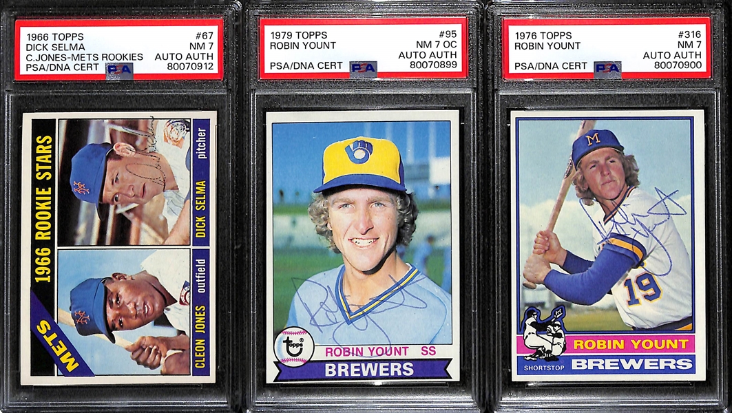 (3) Signed Topps Baseball Cards - 1966 Dick Selma Rookie (PSA 7), 1976 Robin Yount (PSA 7), 1978 Robin Yount (PSA 7 OC) - Autographs Graded Authentic