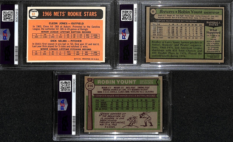 (3) Signed Topps Baseball Cards - 1966 Dick Selma Rookie (PSA 7), 1976 Robin Yount (PSA 7), 1978 Robin Yount (PSA 7 OC) - Autographs Graded Authentic